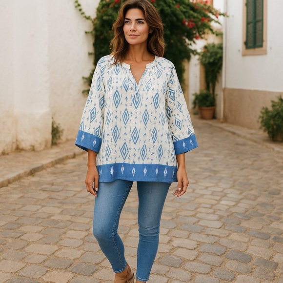 Artizan NY White & Blue Tribal Print Linen Blend 3/4 Sleeve Boho Tunic Size 2X - Picture 1 of 13